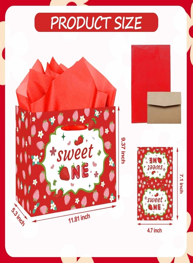 GOLDCROW Berry First Birthday Gift Bag Red Strawberry 1st Birthday Gift Wrap Bag with Tissue Paper and Birthday Card with Envelope Strawberry Themed First Sweet One Birthday Paper bags - Image 2